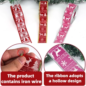 5cm Christmas elk ribbon with wire edge and hollow mesh for DIY holiday tree decoration