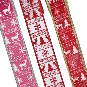 Christmas ribbons with reindeer and snowflake prints for DIY holiday tree decoration