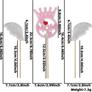 Pink glitter MOM cake topper with silver wings and product dimensions specifications