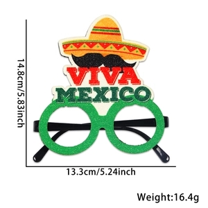 Detail of Viva Mexico party glasses featuring a colorful sombrero, mustache and green sequins