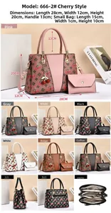 Detailed views of printed tote bag showing interior compartments and dimensions