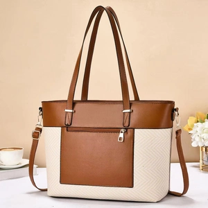 Grande borsa tote vintage in pelle marrone e tessuto intrecciato beige
