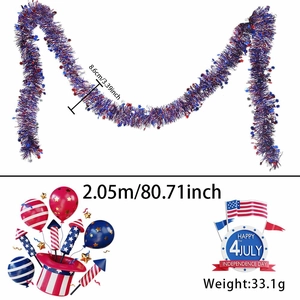 Close-up showing 2.05m Independence Day tinsel garland with stars and size specifications