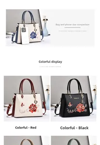 Size comparison of Chinese embroidery tote bag with phone showing large capacity