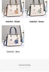 Three embroidered tote bags in khaki green and blue featuring floral butterfly patterns