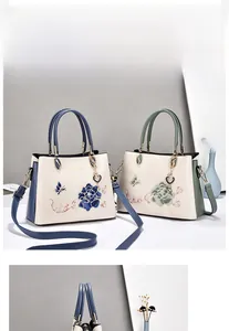 Close-up of floral embroidery and heart pendant on vintage style leather handbag