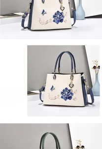 Detail of floral butterfly embroidery on white handbag with heart charm and magazine