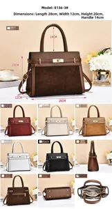 Detailed view of leather handbag with metal turn-lock, multi-tone panels and dimensions