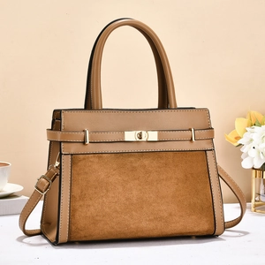 Women Retro Patchwork PU Leather Handbag Elegant Suede Stitching Shoulder Bag With Gold Metal Lock Crossbody Purse For Office Daily