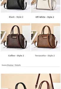 Detail view of woven leather handbags in black, cream, brown, and yellow colors