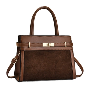 Chic brown patchwork handbag in smooth leather and suede with gold twist lock for work