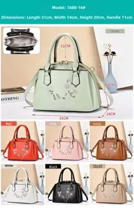 Detailed size specifications for flower embroidered handbag measuring 31x14x20cm with 7 color options