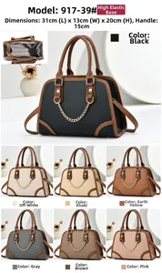 Detail view of multi-color PU leather handbag with gold chain and interior compartments