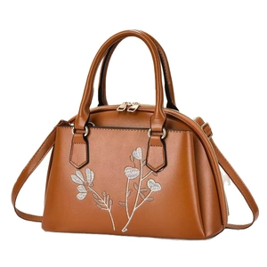 Caramel brown handbag with floral embroidery and detachable strap for women