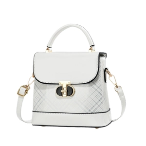 Elegant white square handbag with black trim, plaid pattern, and gold metal lock