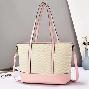 Large capacity beige woven tote bag with pink leather trim and adjustable strap