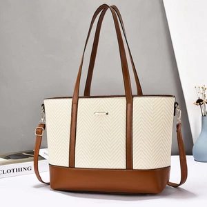 Women Large Capacity Tote Bag Woven Texture PU Leather Contrast Color Handbag Fashion Commuter Shoulder Crossbody Bag
