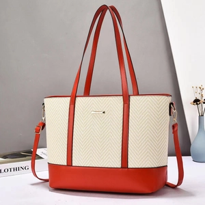Large capacity red and beige woven tote bag with leather handles and long shoulder strap