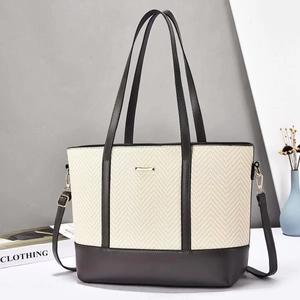Large capacity color-block tote bag in cream woven fabric and brown leather straps