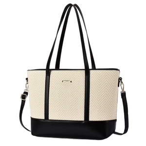 Large capacity chic woven tote bag with contrast leather trim and detachable shoulder strap