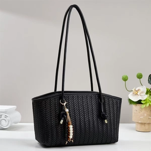 Woven PU Leather Tote Bag For Women Large Capacity Shoulder Underarm Bag With Bead Tassel Simple Commute Handbag