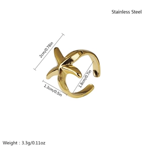 Technical view of adjustable gold starfish ring with precise stainless steel dimensions