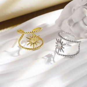 Adjustable beaded stainless steel starburst rings with opal stone in gold and silver