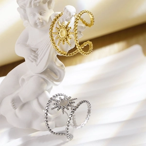 Minimalist 304 Stainless Steel Starburst Open Ring For Women Retro Sun Pattern Adjustable Bohemian Fashion Finger Jewelry
