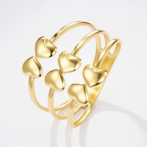Bracciale rigido aperto multistrato placcato oro 18K con sei ciondoli a cuore 3D
