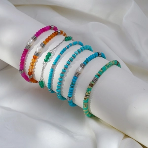 Bracelet Perlé en Acier Inoxydable Bohème pour Femme Pierre Naturelle Agate Facettée Künstliche Perle Bijou Réglable Cadeau
