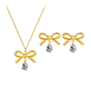 Elegant Stainless Steel Bowknot Teardrop Rhinestone Pendant Necklace Gold Color Minimalist Chain Necklace For Women Jewelry