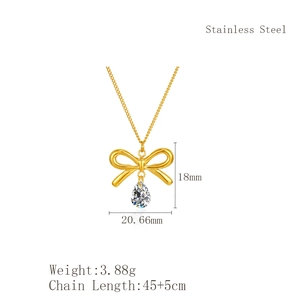 Detail of bow pendant necklace with zircon stone, 45cm stainless steel chain and 3.88g weight