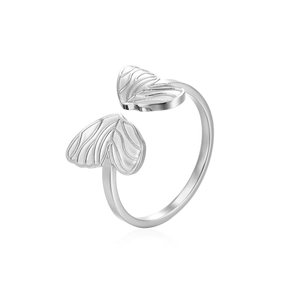 Minimalist silver butterfly wing open ring with brushed texture and polished band