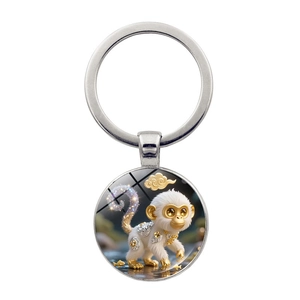 Portachiavi zodiaco cinese scimmia con illustrazione scimmia bianca e nuvole dorate
