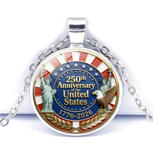 Detail of USA 250th Anniversary glass pendant necklace with Liberty and Eagle motifs