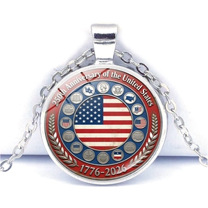 Detailed macro view of US 250th anniversary necklace with silver chain on white background