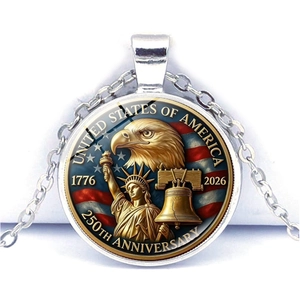 USA 250th anniversary necklace featuring eagle and liberty bell on a silver round pendant