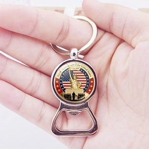 Polished silver metal keychain bottle opener with 250th anniversary commemorative badge