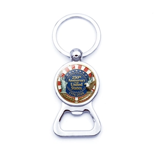 Detail of USA 250th Anniversary commemorative metal keychain and beer bottle opener