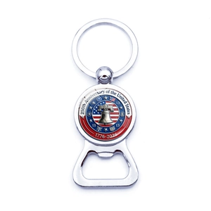 Detail of metal bottle opener keychain with US 250th anniversary liberty bell emblem