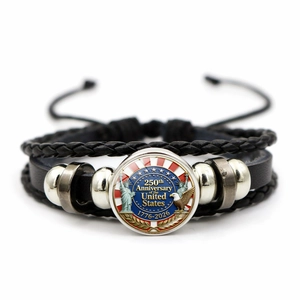 Zwarte lederen armband met US 250ste verjaardag zegel en adelaar-medaillon