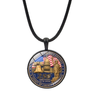 Detail showing the US 250th anniversary pendant with iconic national symbols on white background