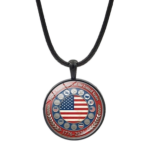 Detail of USA 250th anniversary necklace featuring glass dome pendant with 1776-2026 motif