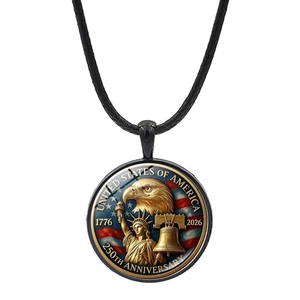 Detail of USA 250th anniversary pendant with eagle and Liberty Bell on black cord