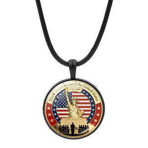 USA 250th Anniversary Commemorative Necklace Pendant With Zinc Alloy Glass Cabochon And Black Wax Rope Souvenir Jewelry