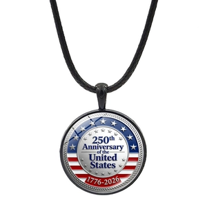 US 250th Anniversary necklace featuring a commemorative glass pendant with stars and stripes