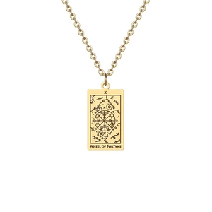 Collier pendentif tarot de la Roue de la Fortune doré en acier inoxydable