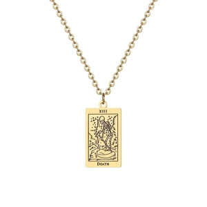 Collier tarot en acier titane doré avec pendentif rectangulaire de la carte Mort XIII