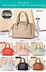 Detailed dimension guide for quilted PU leather handbag showing 31x14x20cm size specs