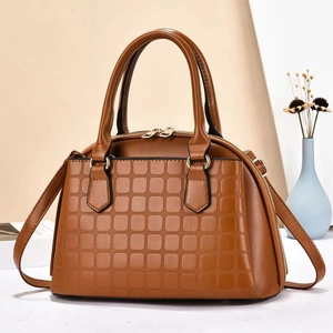 Brown faux leather shell handbag with checkered embossing and detachable shoulder strap
